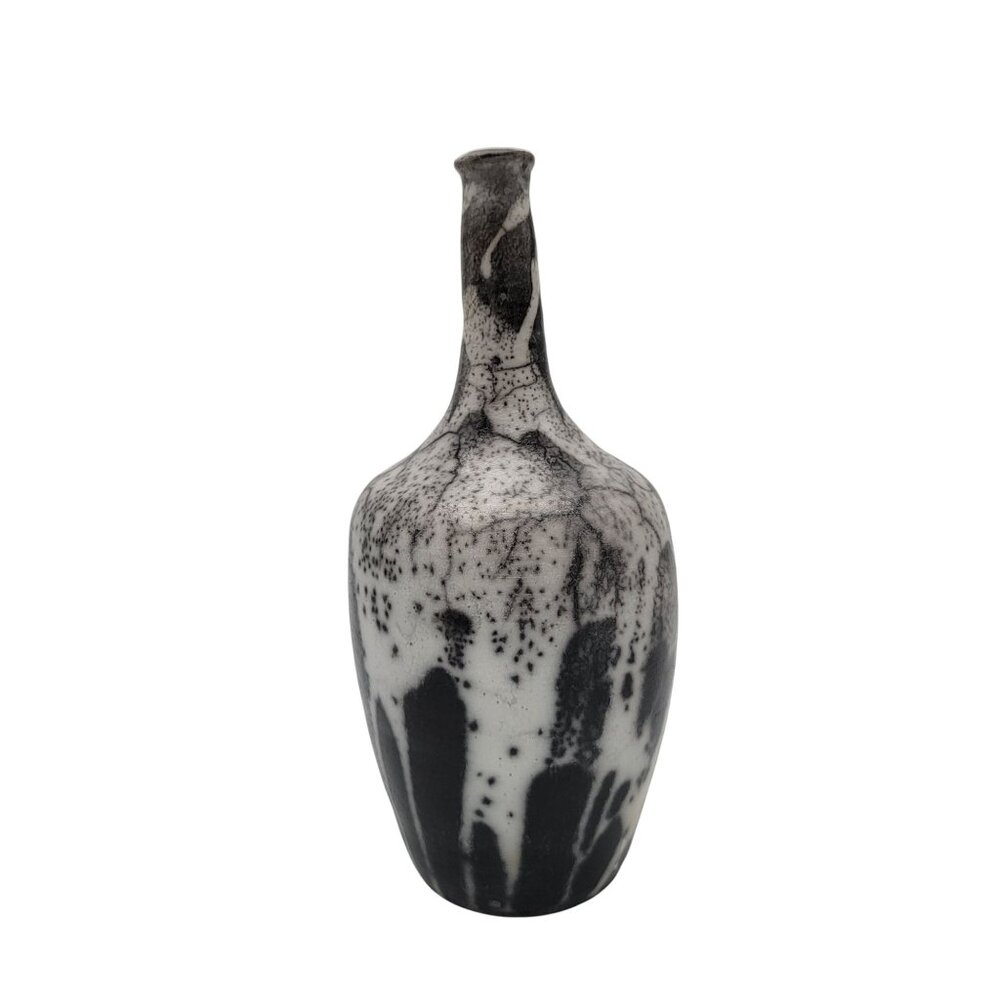 Naked Raku Pottery Vase Black and White